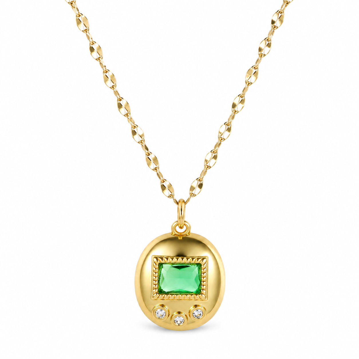 Green digital pet charm necklace in 18K gold plating with matching gold chain
Green Y2K inspired charm necklace with nostalgic digital pet design
Close up of green digital pet charm necklace with gold frame
Green waterproof 18K gold plated charm necklace for everyday wear