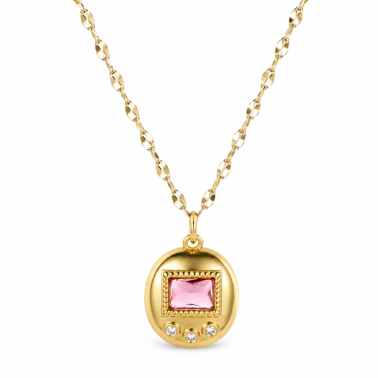 Pink digital pet charm necklace in 18K gold plating with matching gold chain
Pink Y2K inspired charm necklace with nostalgic digital pet design
Close up of pink digital pet charm necklace with gold frame
Pink waterproof 18K gold plated charm necklace for everyday wear