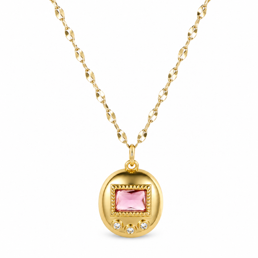 Pink digital pet charm necklace in 18K gold plating with matching gold chain
Pink Y2K inspired charm necklace with nostalgic digital pet design
Close up of pink digital pet charm necklace with gold frame
Pink waterproof 18K gold plated charm necklace for everyday wear